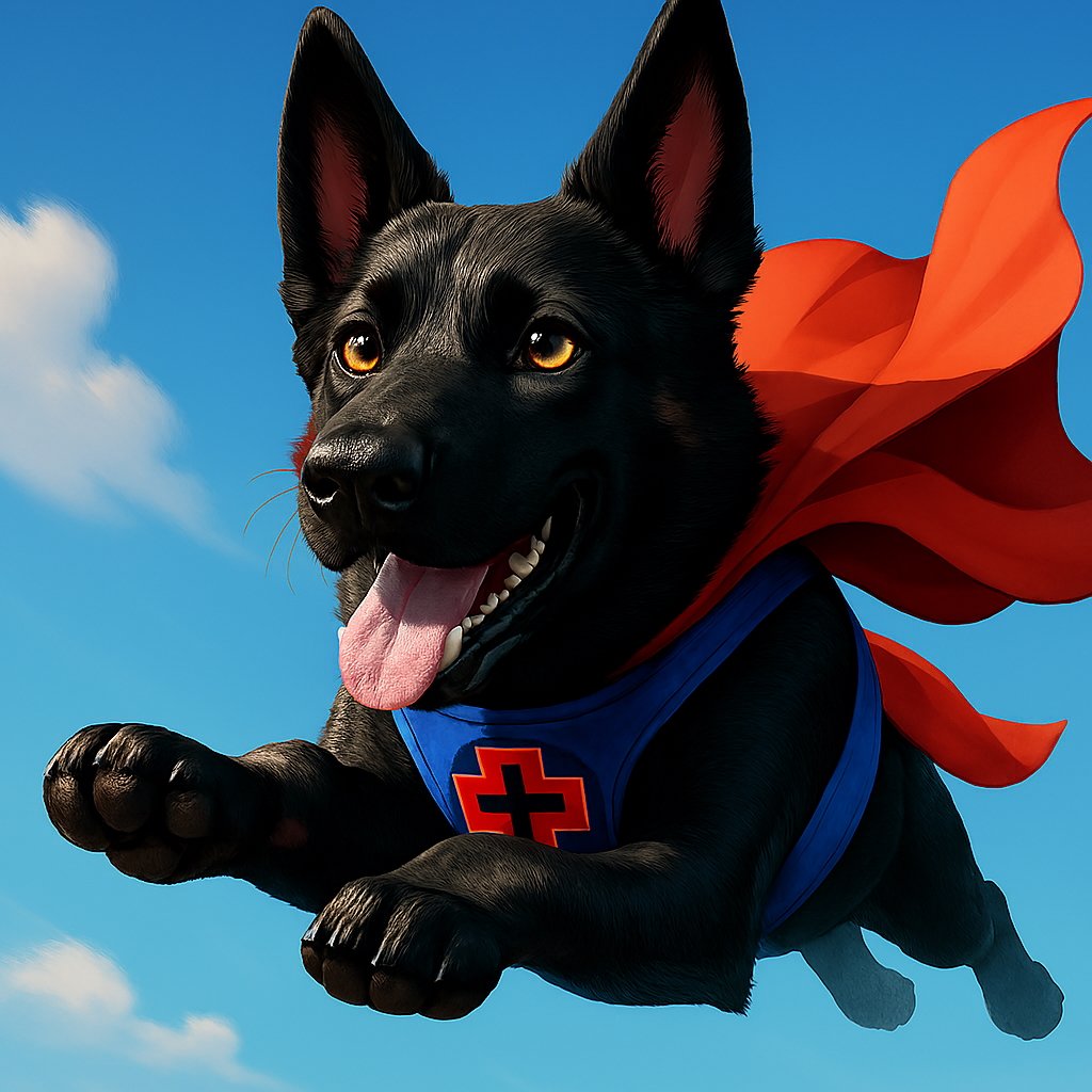 Black German Shepherd flying like superhero