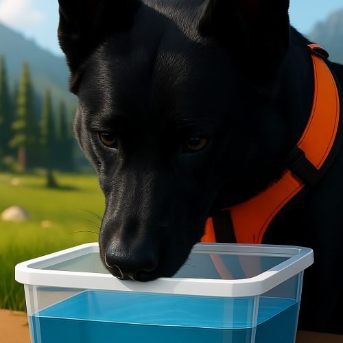 Black german sheperd sniffing over a water filled tote